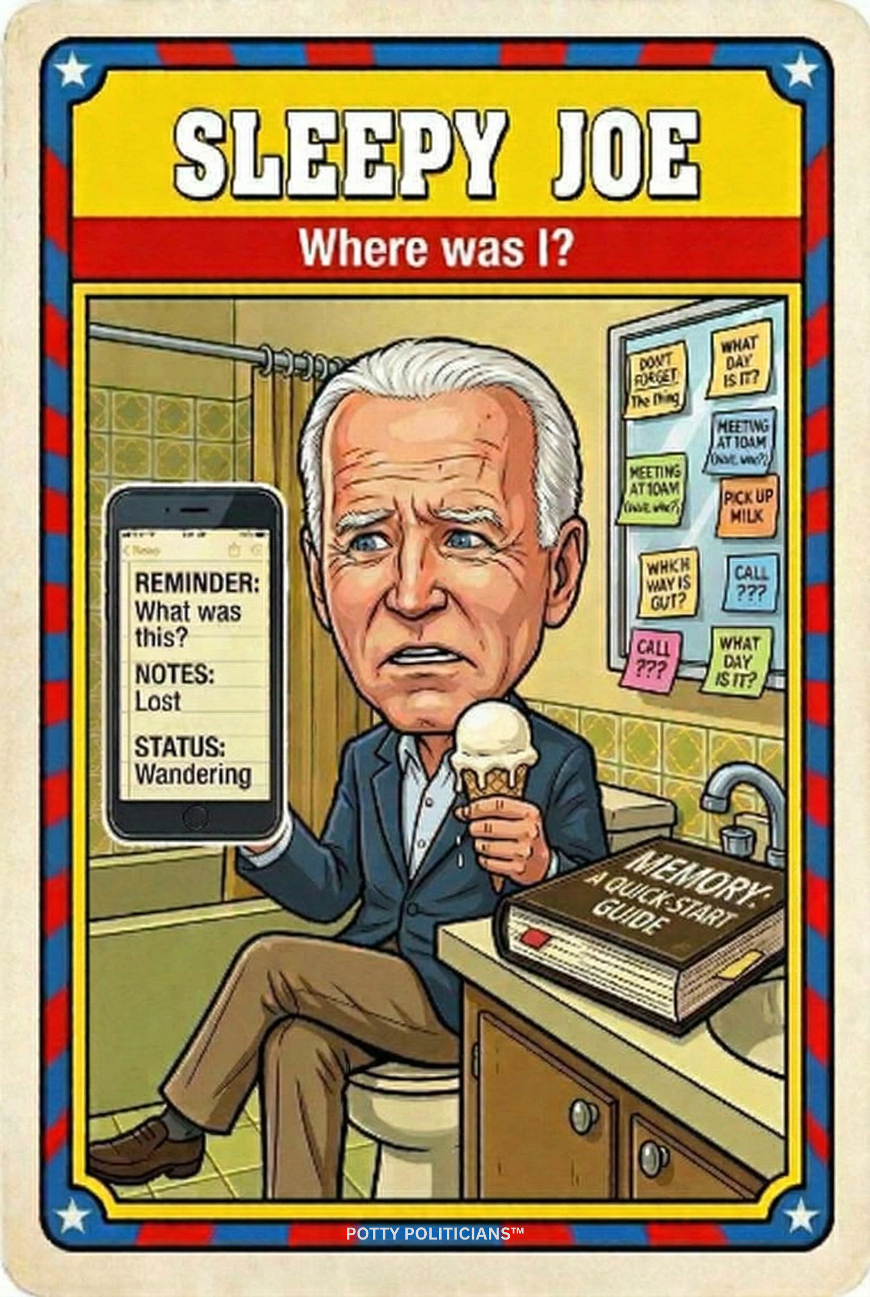 A humorous cartoon depiction of an elderly man with white hair, sitting on a toilet, holding an ice cream cone. Behind him is a bathroom with a shower curtain, a mirror with sticky notes, a sink, and a box labeled 'Memory: A Quickstart Guide'. The ca