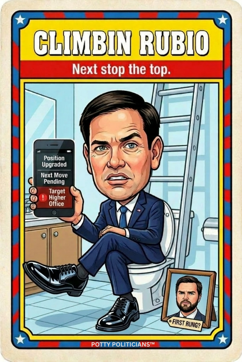 Cartoon depiction of a man in a suit sitting on a toilet, holding a smartphone with a political message, with a ladder and a framed photo labeled 'First Rung' in the background. The text at the top reads 'Climb Rubio' and 'Next stop the top.'