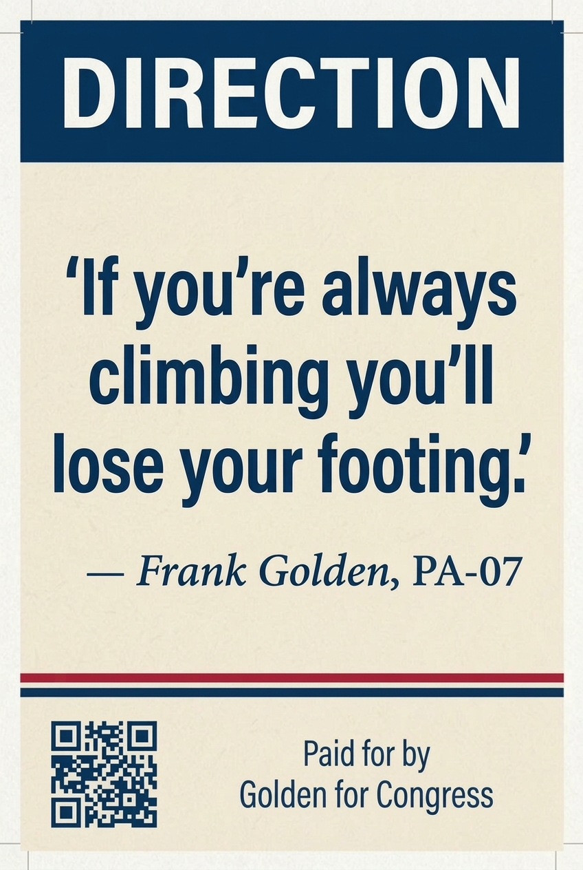 A sign with the heading 'DIRECTION' and a quote: 'If you're always climbing you'll lose your footing.' attributed to Frank Golden, PA-07, and a QR code at the bottom. The sign is paid for by Golden for Congress.