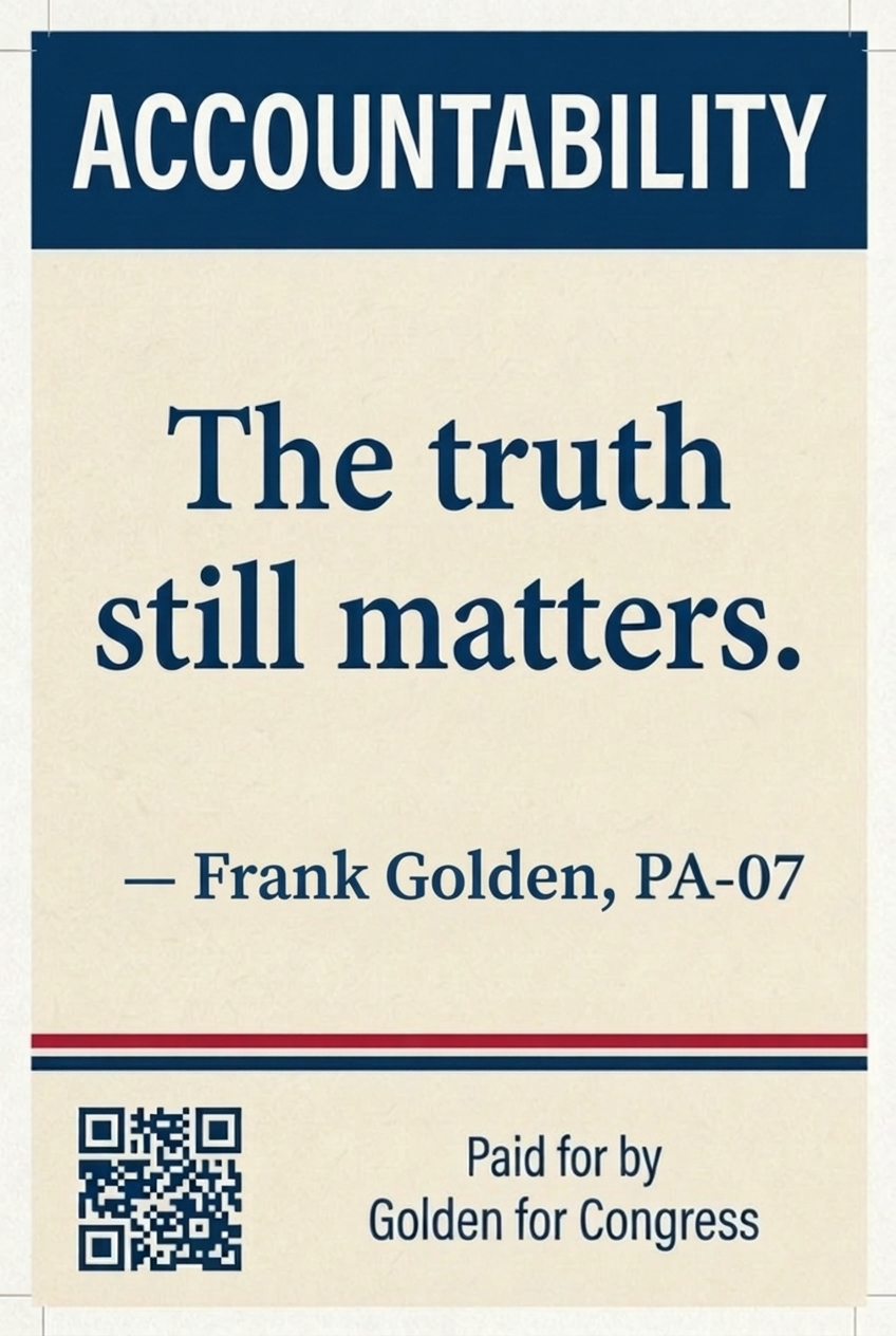 A sign emphasizing accountability with the phrase "The truth still matters," attributed to Frank Golden, PA-07, paid for by Golden for Congress, featuring a QR code at the bottom.