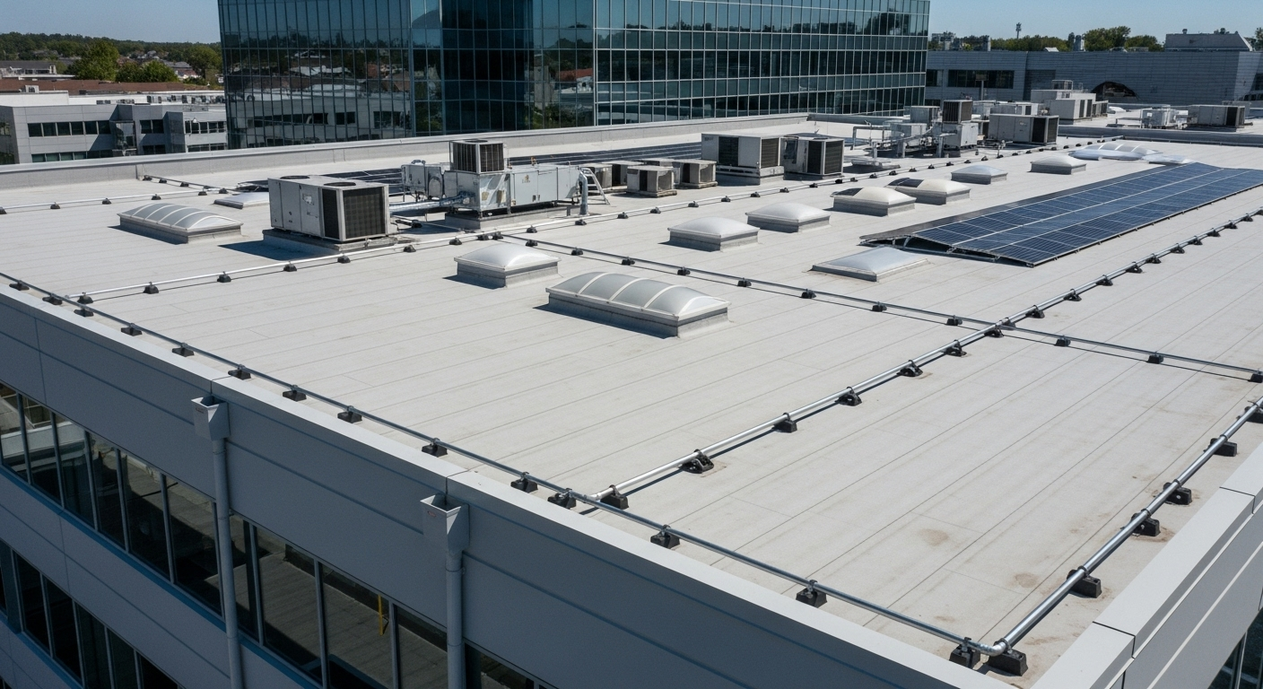 Top view of a commercial building's flat roof with HVAC units, solar panels, and skylights.