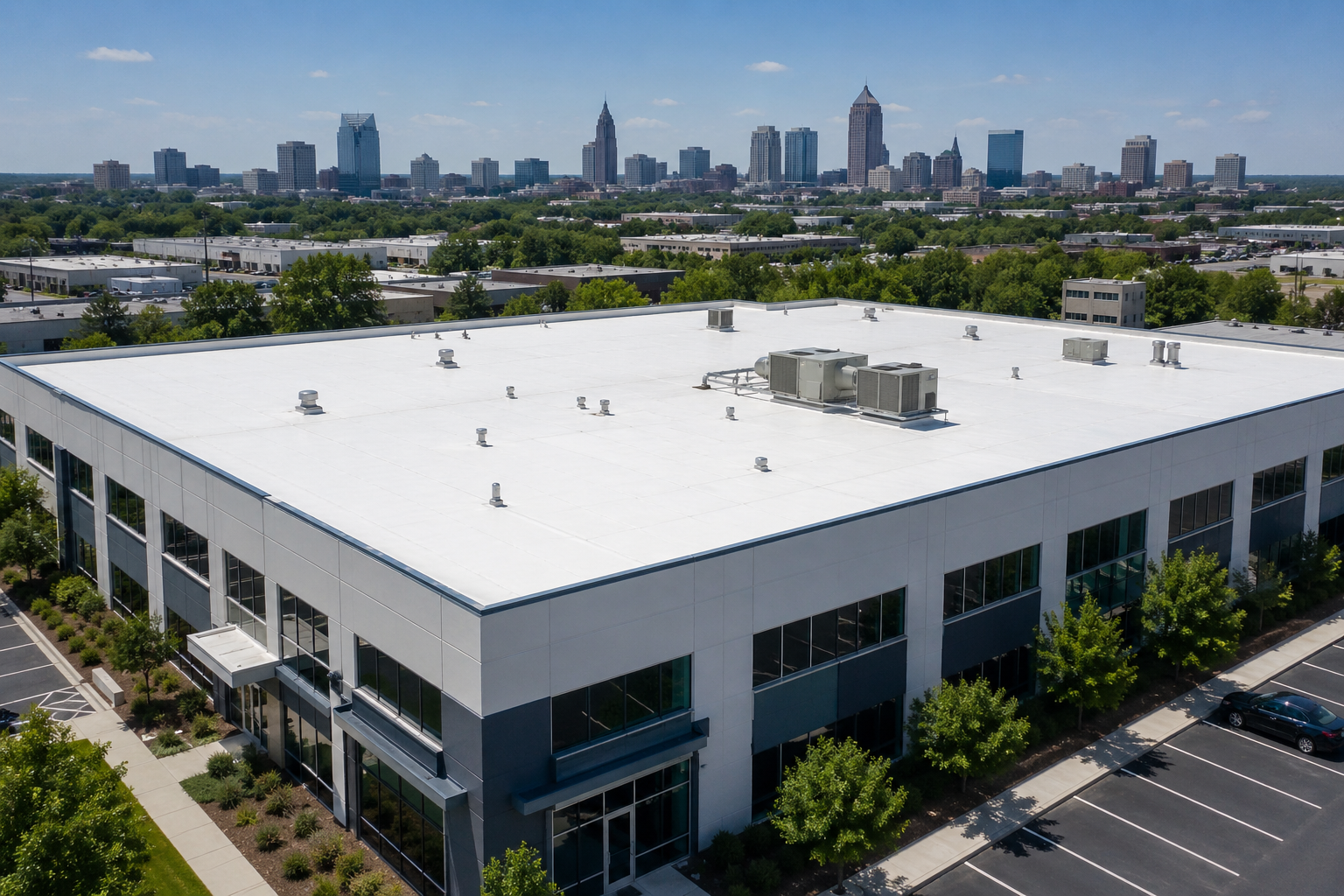 Aerial view of a modern commercial building with a flat white roof, surrounded by parking lot and trees, with a city skyline in the background.