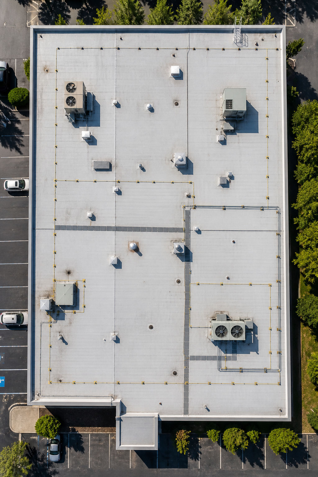 Aerial view of a flat commercial building roof with various HVAC units and vents, surrounded by parking spaces and green trees.