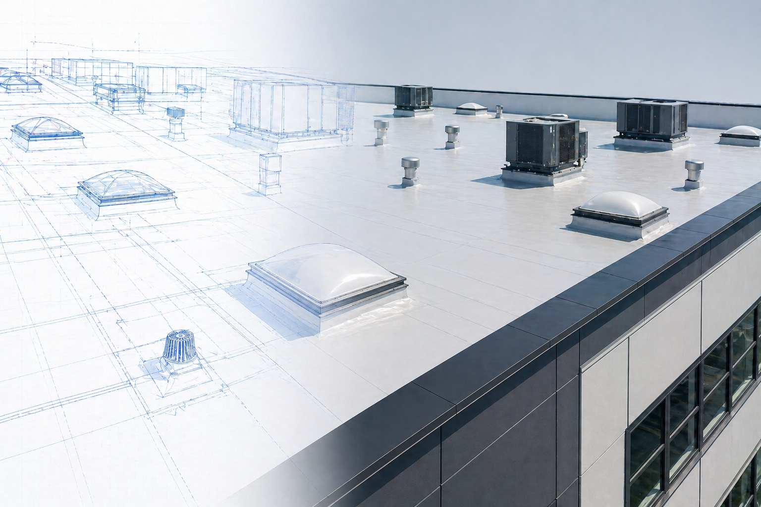 Part of a building roof with HVAC units and vents, combining a photo and blueprint outline.