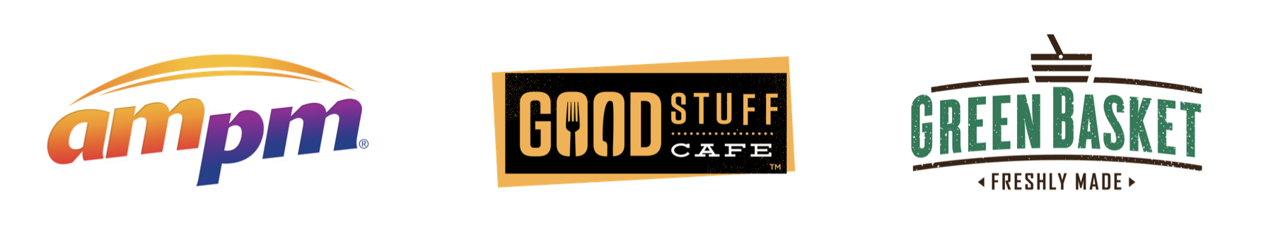 Logos of three companies: ampm with colorful text and orange swoosh, Good Stuff Cafe with black and gold text and a fork, Green Basket with green text and a stylized basket and bowl.