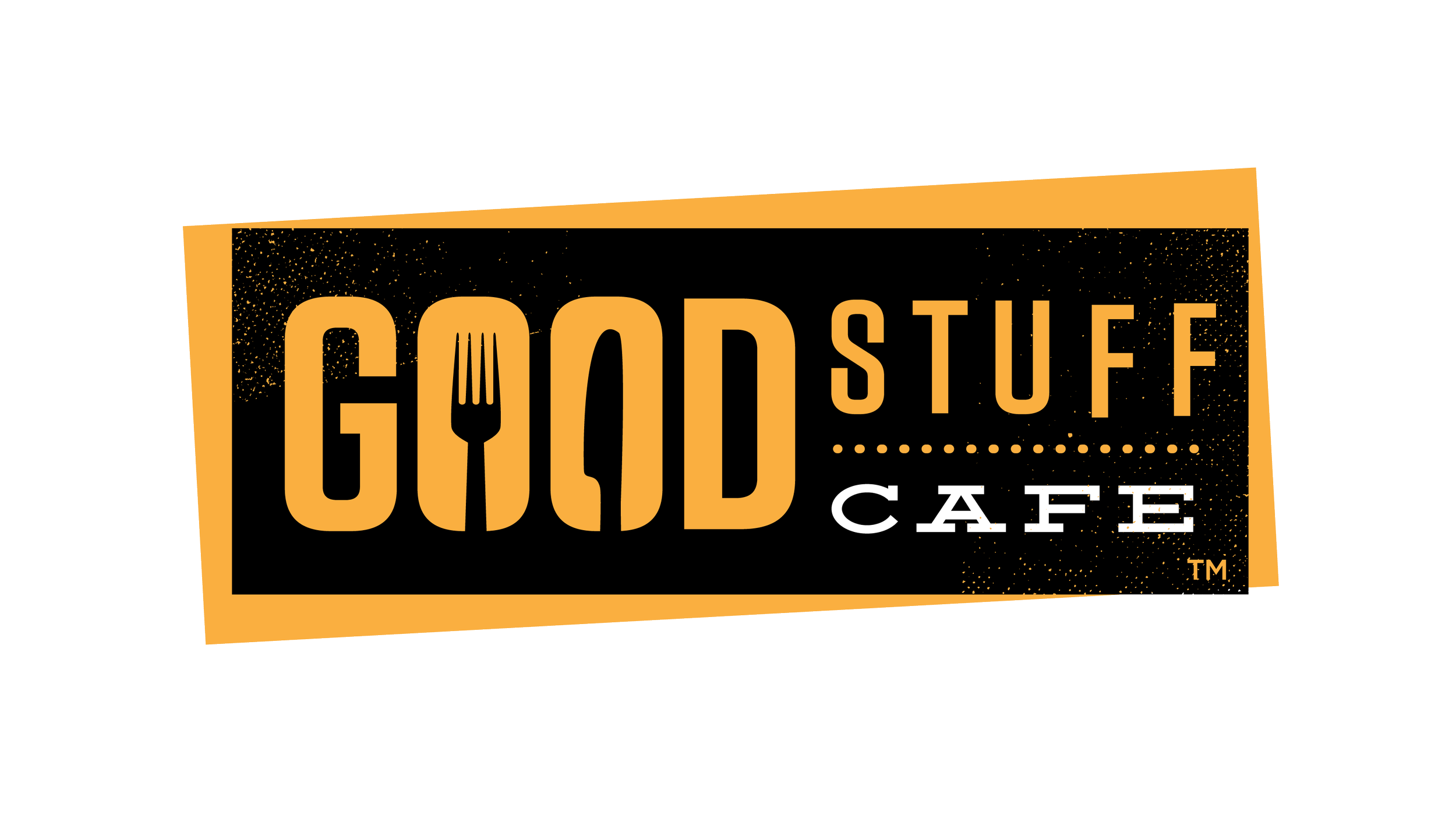 Sign with black background and orange border that reads 'Good Stuff Cafe' with a fork replacing the letter 'I' in 'Good'.