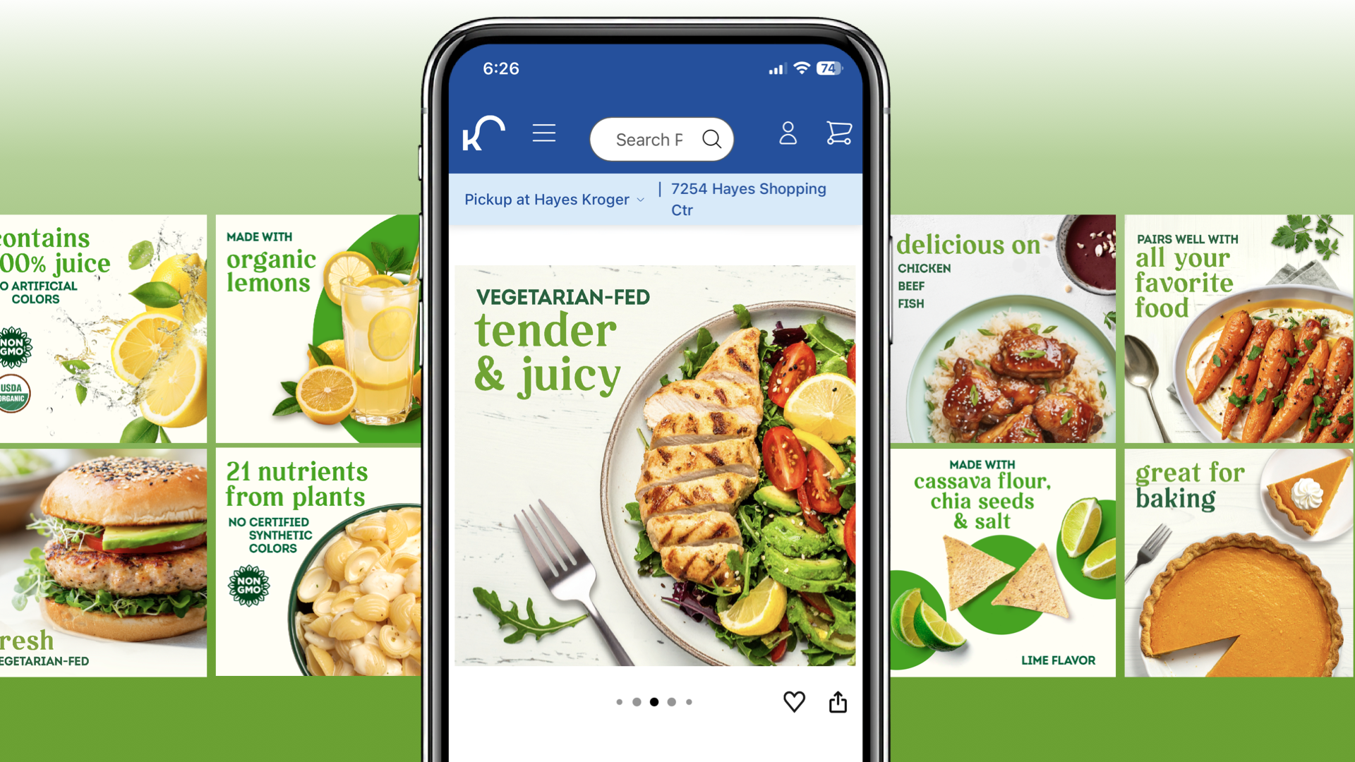 A smartphone screen displaying a grocery shopping app with a vegetarian chicken salad and various food advertisements in the background, including lemon juice, lemonades, plant-based nutrients, and baked pumpkin pie.