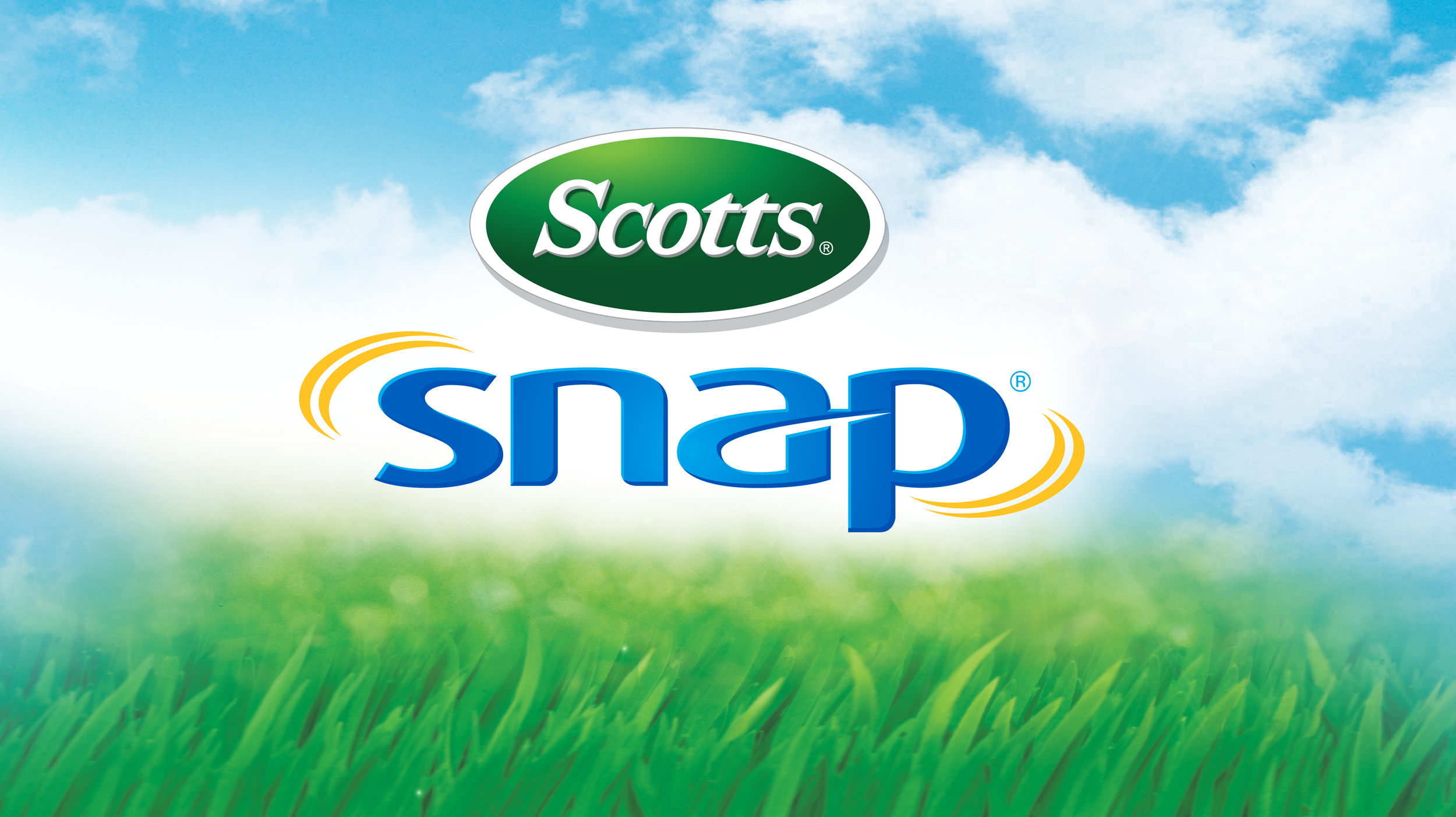 Logo of Scotts Snap against a background of green grass and a partly cloudy sky.