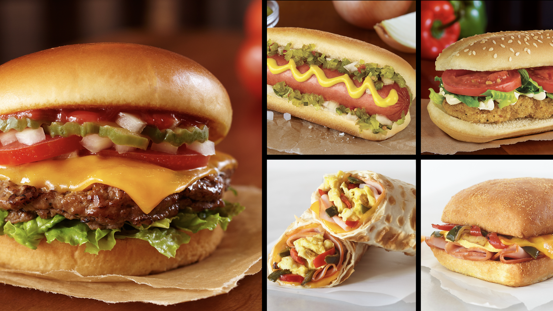 Collage of five different sandwiches and burgers, including a cheeseburger, hot dog with mustard, chicken sandwich, a wrap with egg and vegetables, and a ham and cheese sandwich.