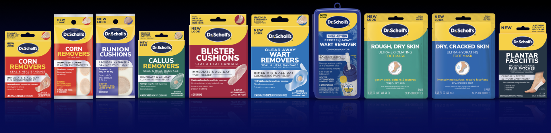 A row of various Dr. Scholl's foot care product boxes and packages displayed on a shelf.