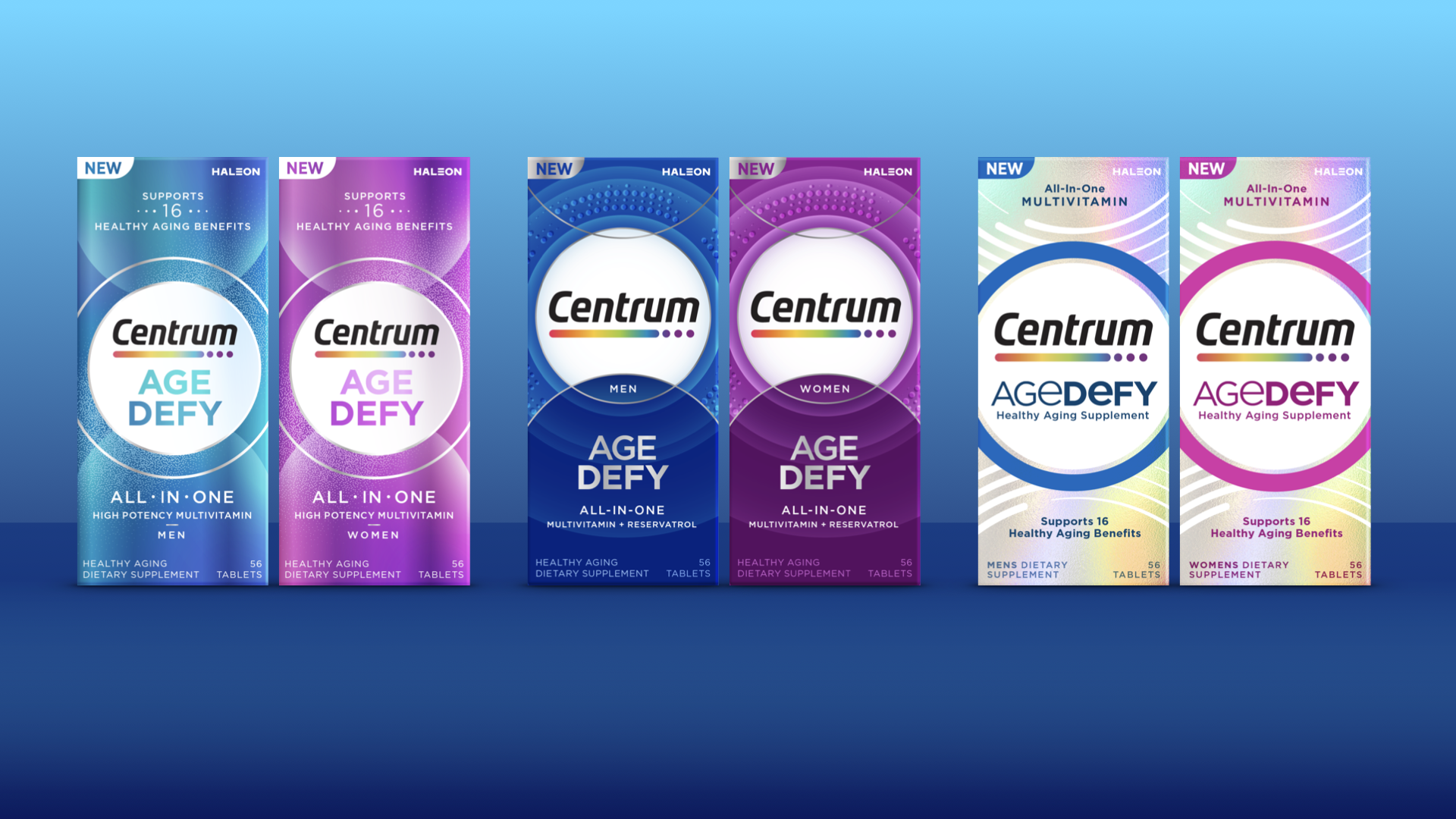 Five boxes of Centrum dietary supplements for different groups: men, women, and general multivitamins, with various color schemes and labels indicating they support healthy aging and contain high potency multivitamins.