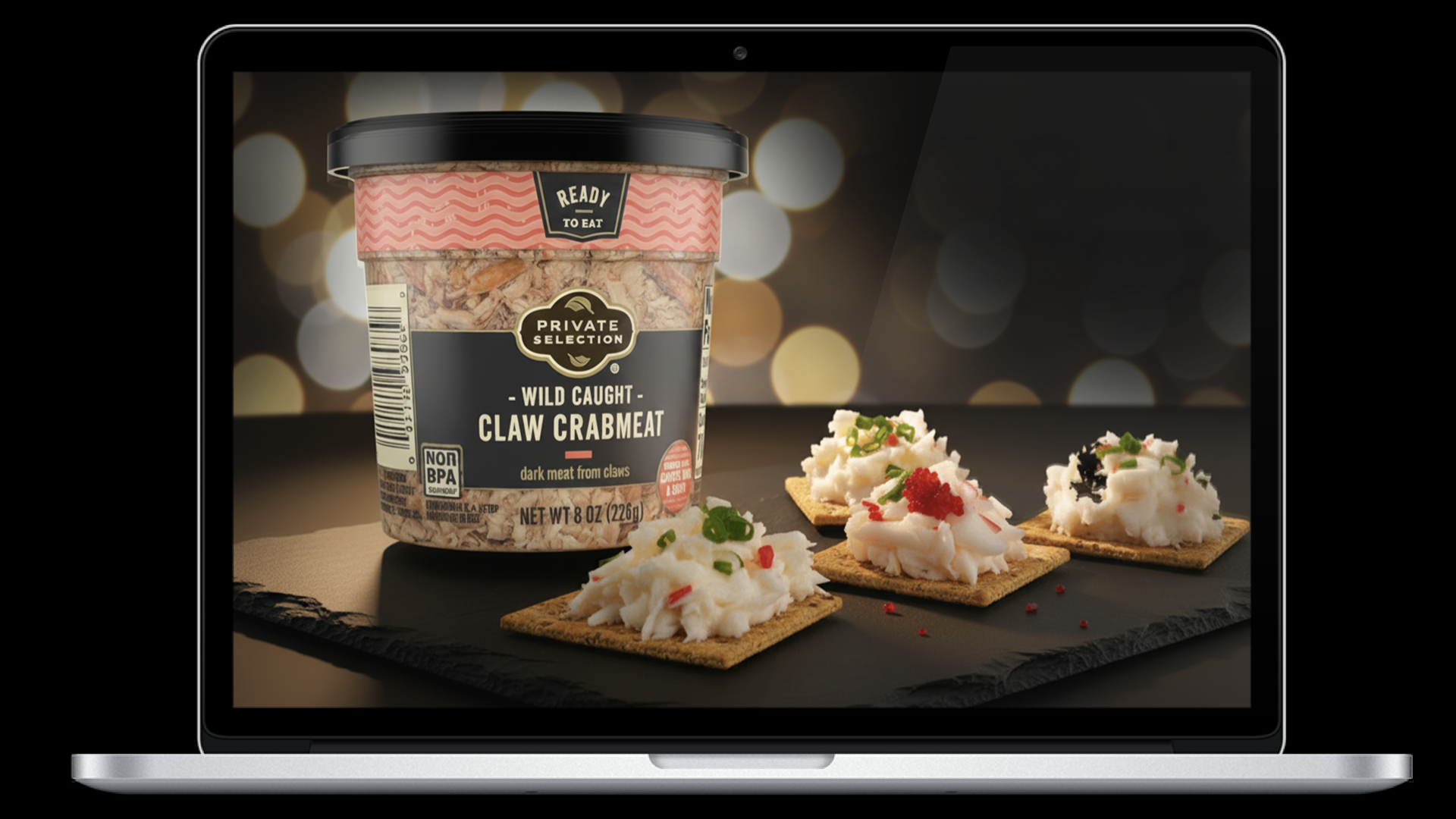 A laptop screen displaying a food advertisement with a container of private selection wild caught claw crabmeat and three crackers with crabmeat topped with garnishes.