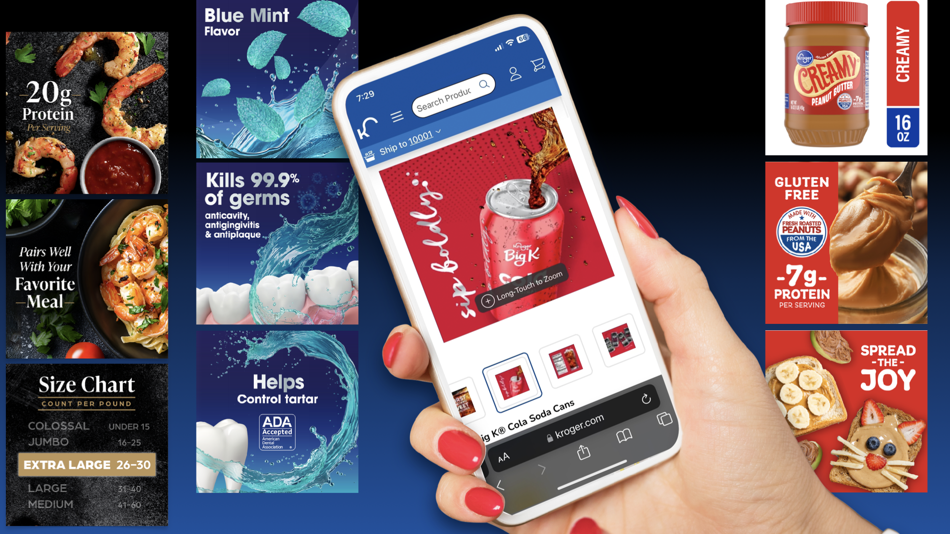 A hand with red nails holding a smartphone displaying an online shopping website, surrounded by various grocery product advertisements including shrimp skewers, blue mint gum, a jar of peanut butter, gluten-free peanut snacks, a slice of banana bread with berries, a size chart for clothing, and promotional graphics emphasizing germs' elimination and health benefits.