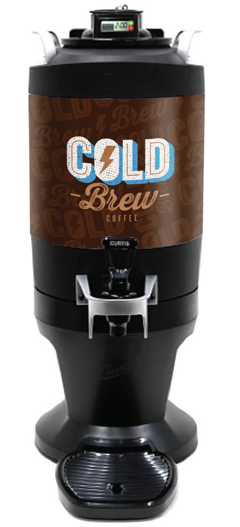 A large cold brew coffee dispenser with a digital temperature display on top and a spout at the front. The dispenser has a brown label with the words 'COLD Brew Coffee' in bold blue and brown text.