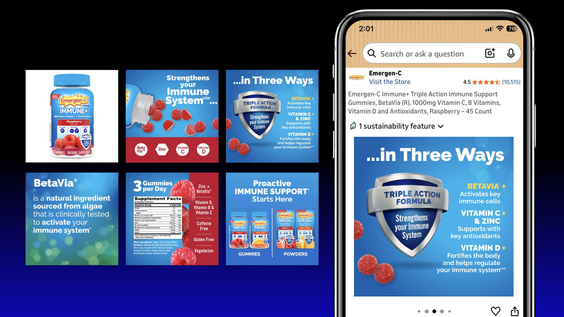Image of digital product marketing for Emergen-C immune support gummies showing a bottle and various informational slides, with a phone screen displaying product details and reviews.