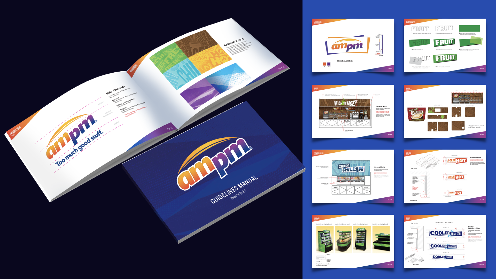 Open branding guidelines manual and sample pages with logo designs, signage, and branding elements for ampm convenience store.