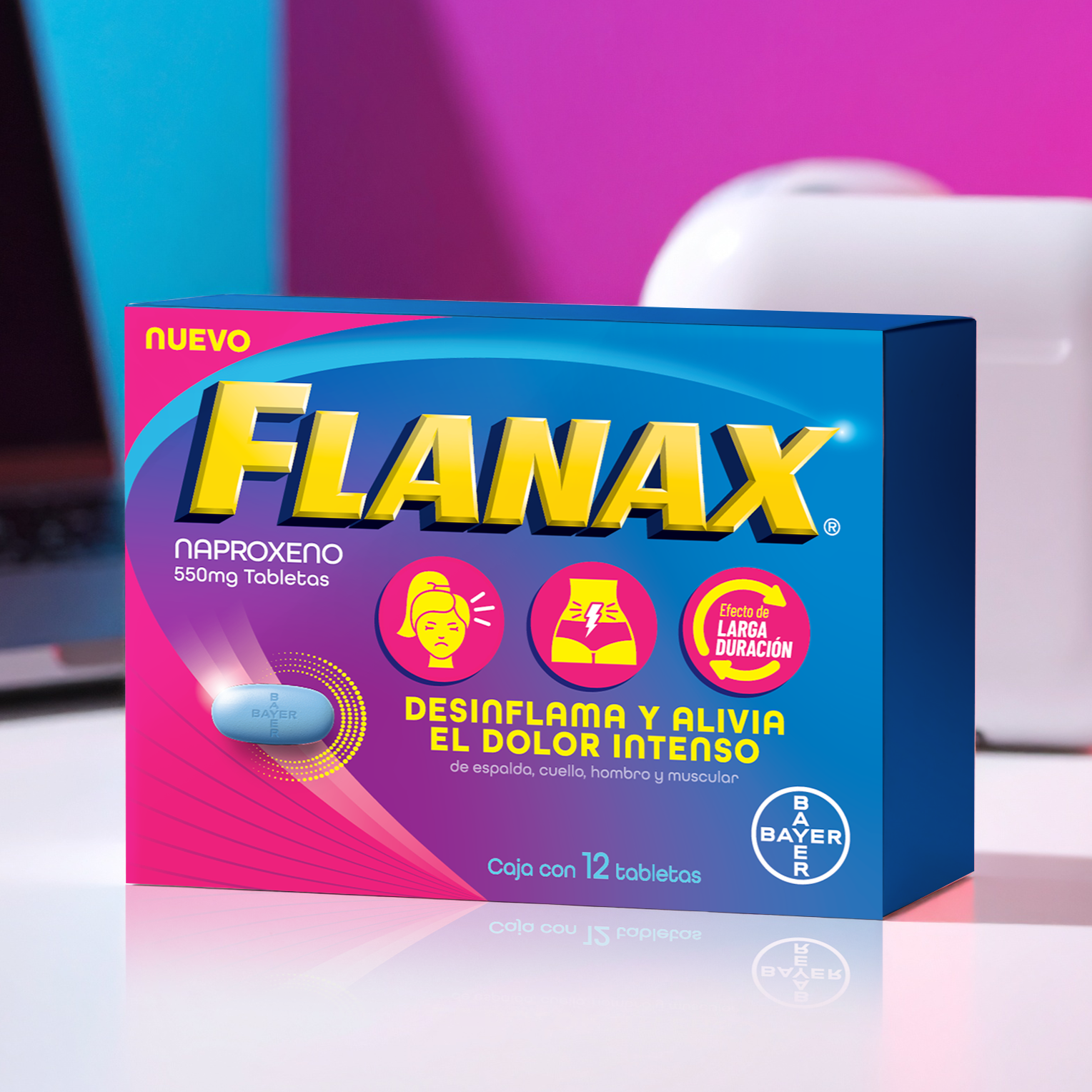 Box of Flanax Mexico menstral pain relief package highlighting Gen Z audience with Naproxen 550mg tablets with colorful background.