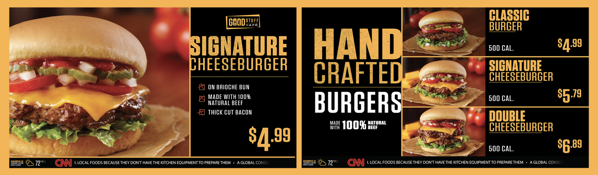 A menu displaying different types of cheeseburgers: signature cheeseburger for $4.99, classic burger for $4.99, signature cheeseburger for $5.79, double cheeseburger for $6.89. Each burger has 500 calories. The menu has text emphasizing hand-crafted burgers made with 100% natural beef, on a brioche bun with thick cut bacon, priced in bold yellow and black colors. The background is orange with some images of tomatoes and a large, detailed close-up of a cheeseburger.