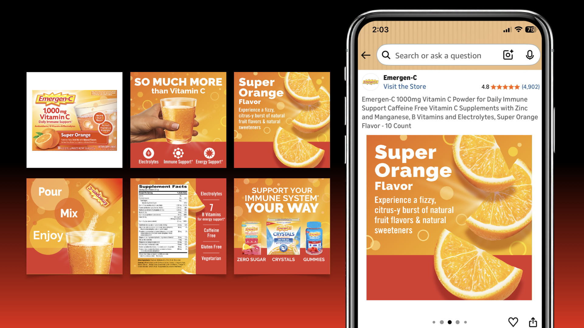 Close-up of a smartphone screen displaying an online product listing for Emergen-C Super Orange Flavor Vitamin C powder, with orange slices in the background, and a digital background with various promotional images of the product and related supplements.