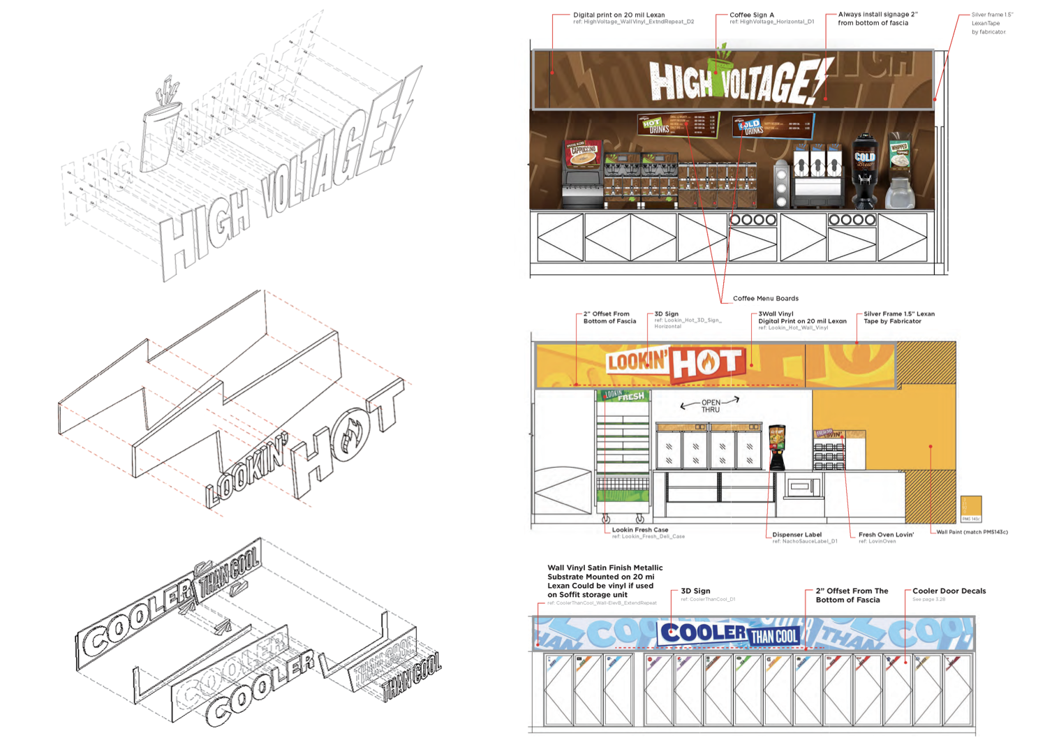 Design plans for a fast-food or convenience store's beverage and snack section, featuring digital signage, beverage dispensers, refrigerated cases, and decorative store signage.