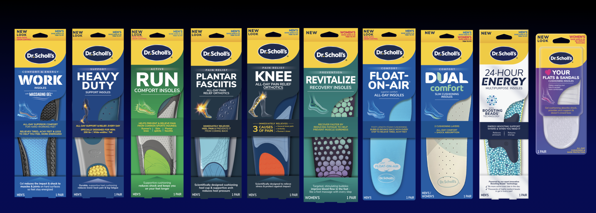 Set of various Dr. Scholl's insoles for different needs, including work, heavy duty, active run, plantar fasciitis, knee support, revive, float-on-air, dual comfort, energy, and flats & sandals, all in yellow and blue packaging.
