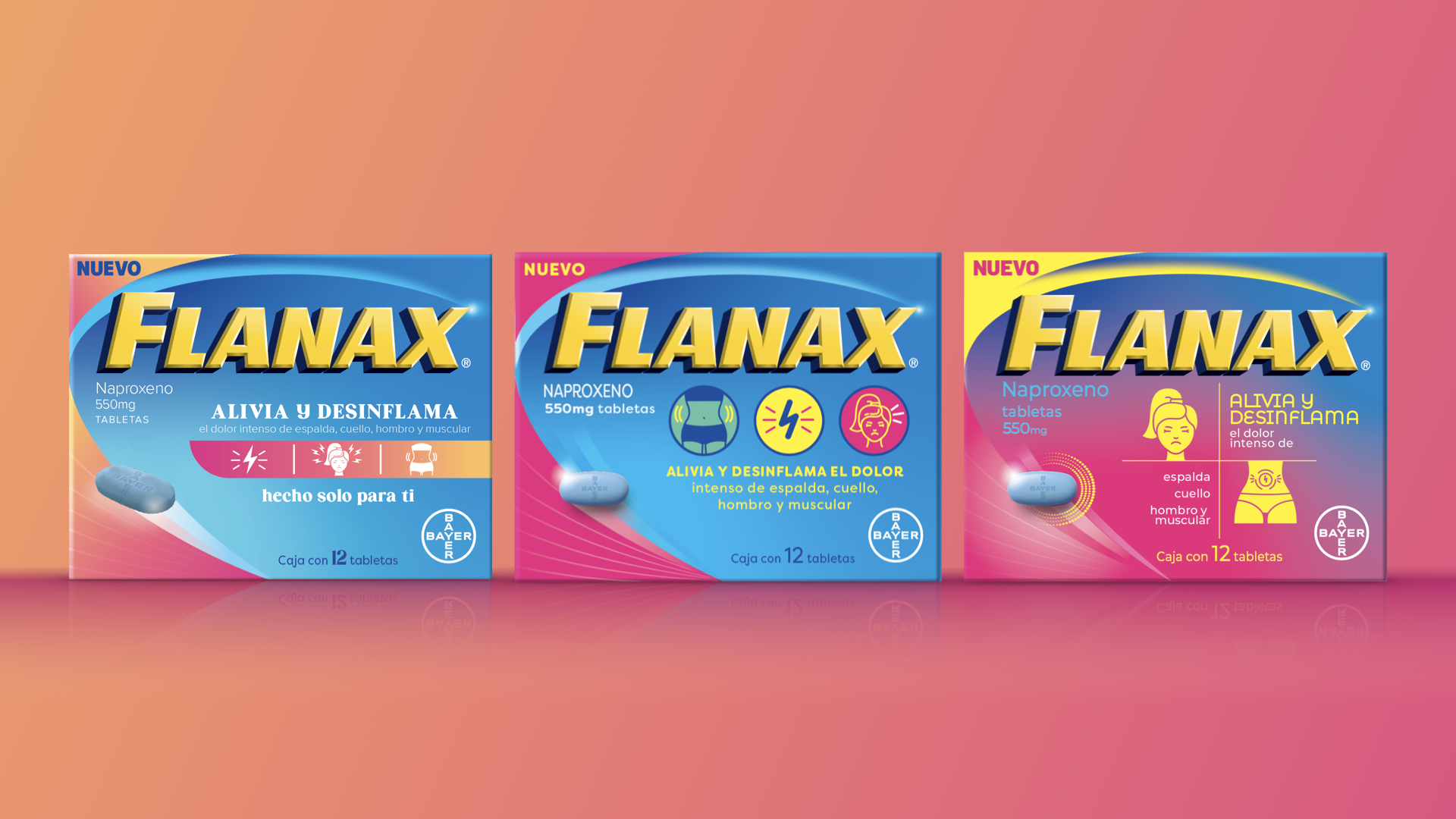 Three exploratory concepts for Flanax pain relief medication showcasing ideation.