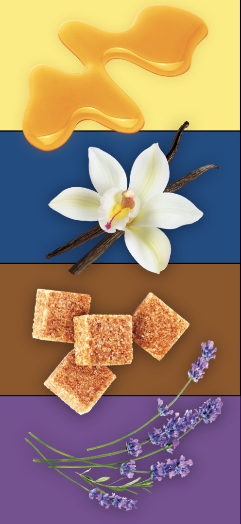 A layered collage with sections showing honey, vanilla orchid flowers, brown sugar cubes, and lavender flowers.