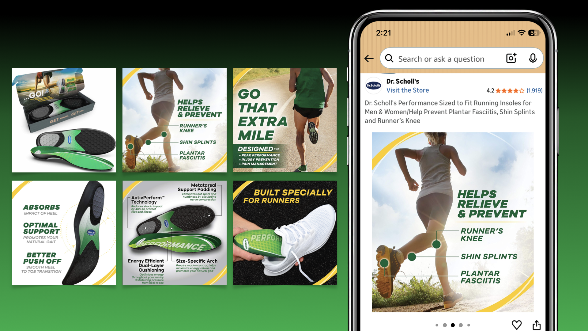 Display of Dr. Scholl's running insoles with features highlighted, including relief for runner's knee, shin splints, and plantar fasciitis, shown alongside a person running outdoors and a smartphone screen showing a product listing.