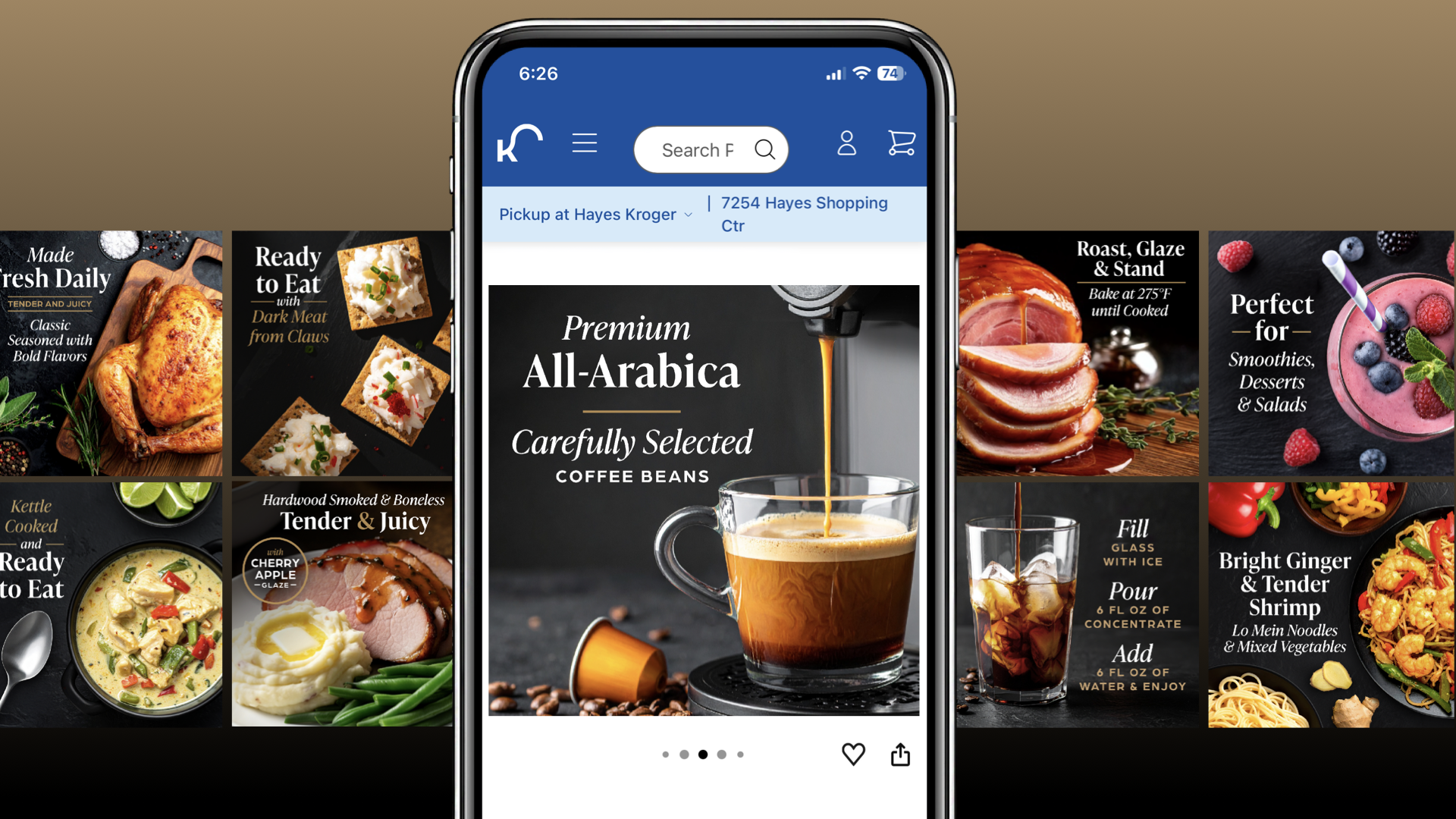 A mobile phone screen displaying a grocery delivery app, with a focus on premium all-Arabica coffee beans being poured into a glass cup. The background shows various food images including roasted chicken, desserts, and salads.