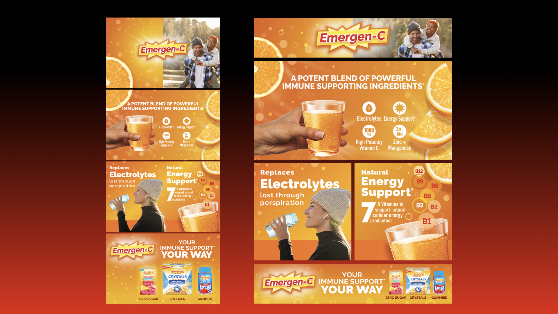 A promotional advertisement for Emergen-C immune support supplements, featuring a woman drinking water and smiling, orange slices, a glass of an orange beverage, and images of Emergen-C product packages at the bottom.
