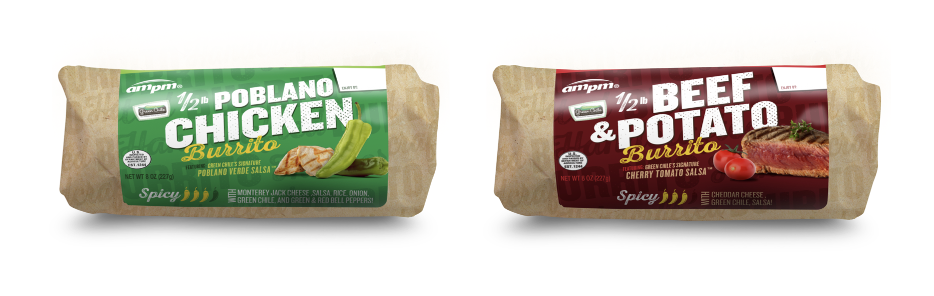 Two burrito packages, one green labeled 'Poblano Chicken Burrito' and one red labeled 'Beef & Potato Burrito'
