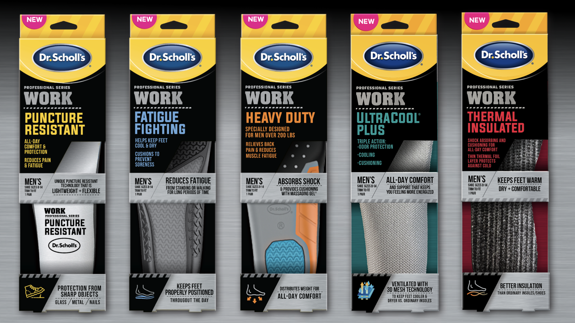 Five boxes of Dr. Scholl's Work professional series insoles, each with different features such as puncture resistant, fatigue fighting, heavy duty, ultracool plus, and thermal insulated.