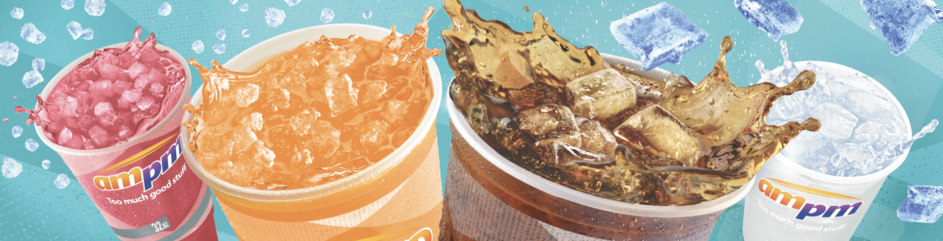 Three cups of ice cold soda drinks with ice cubes and splash effects on a blue background.