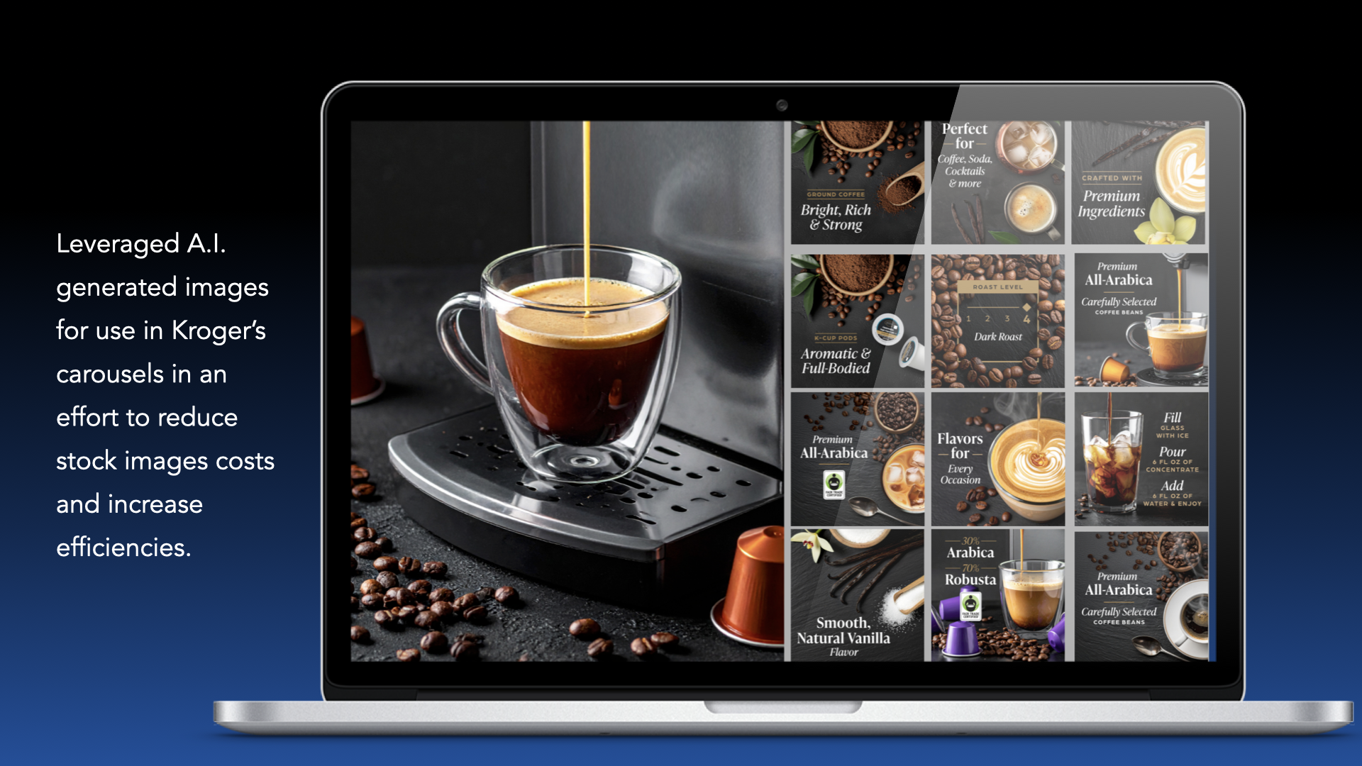A laptop screen showing images of coffee drinks, coffee beans, and coffee ingredients.