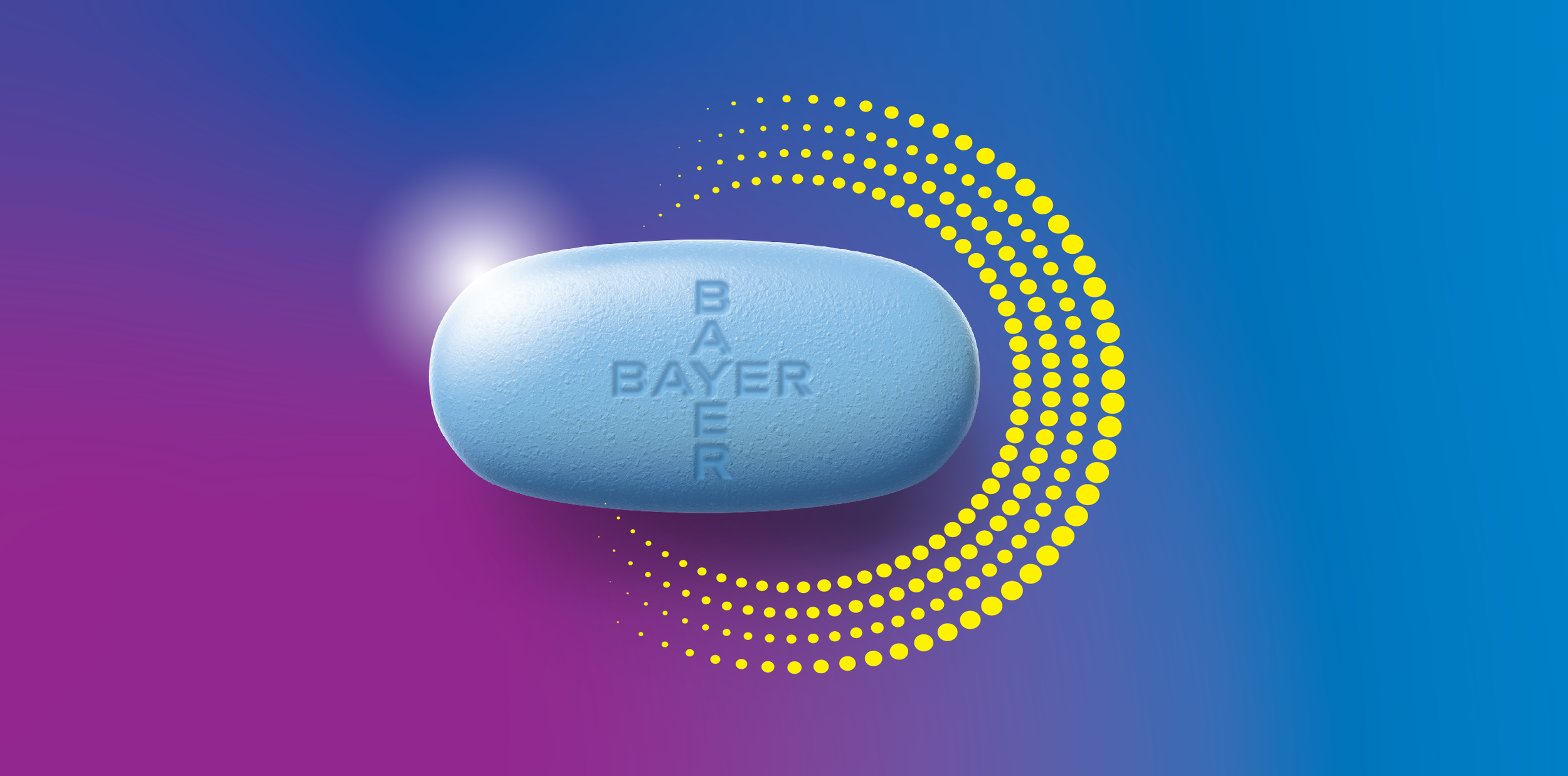 A light blue oval pill with the word 'BAYER' embossed on it, surrounded by yellow dotted semi-circles, on a purple and blue gradient background.