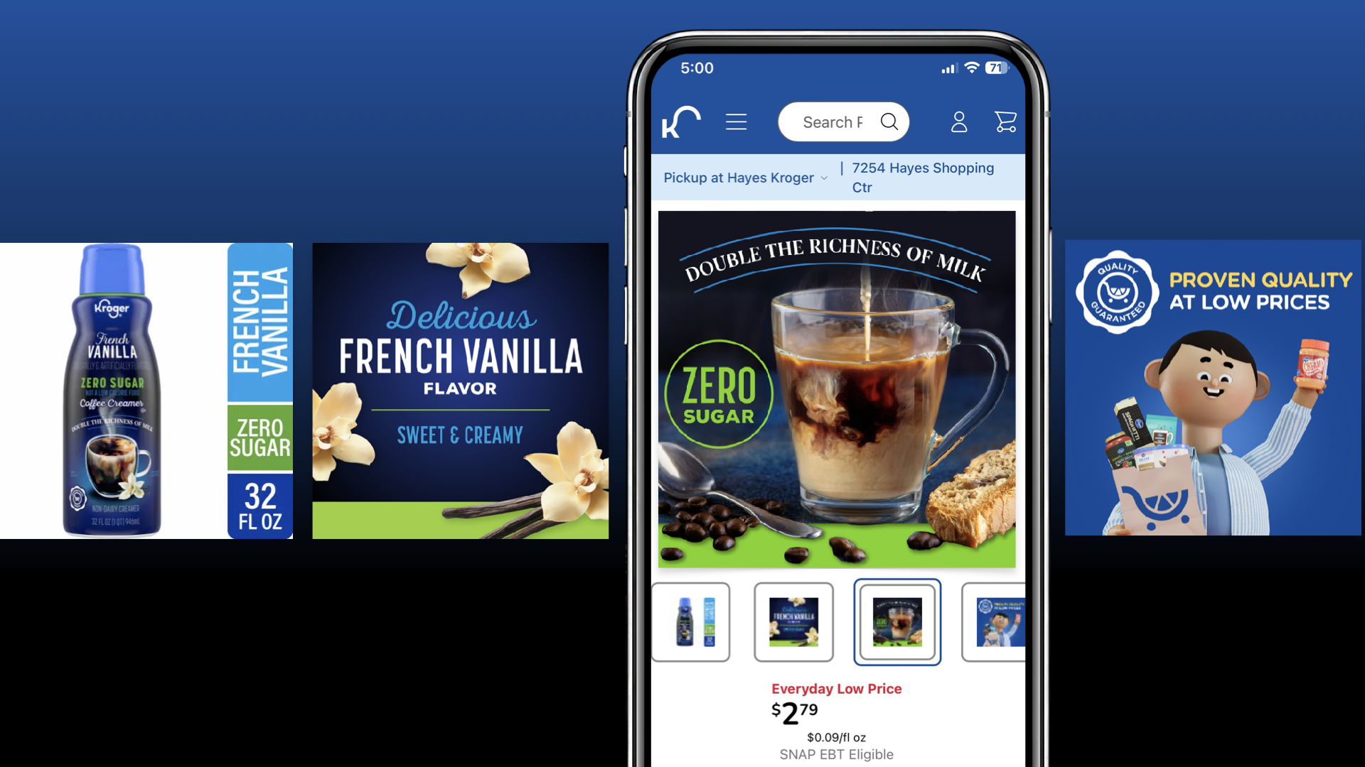 Smartphone screen displaying online shopping app with image of a coffee drink and vanilla-flavored creamer, with promotional banners for vanilla flavor and low prices at a grocery store.