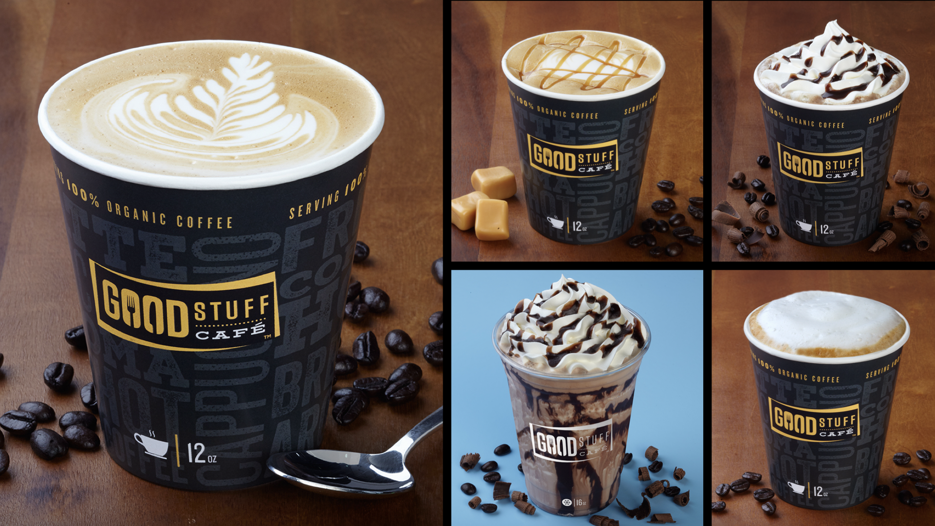 Collection of five coffee beverages from Good Stuff Café, including lattes, frappes, and caramel drinks, with coffee beans and chocolate pieces as props.