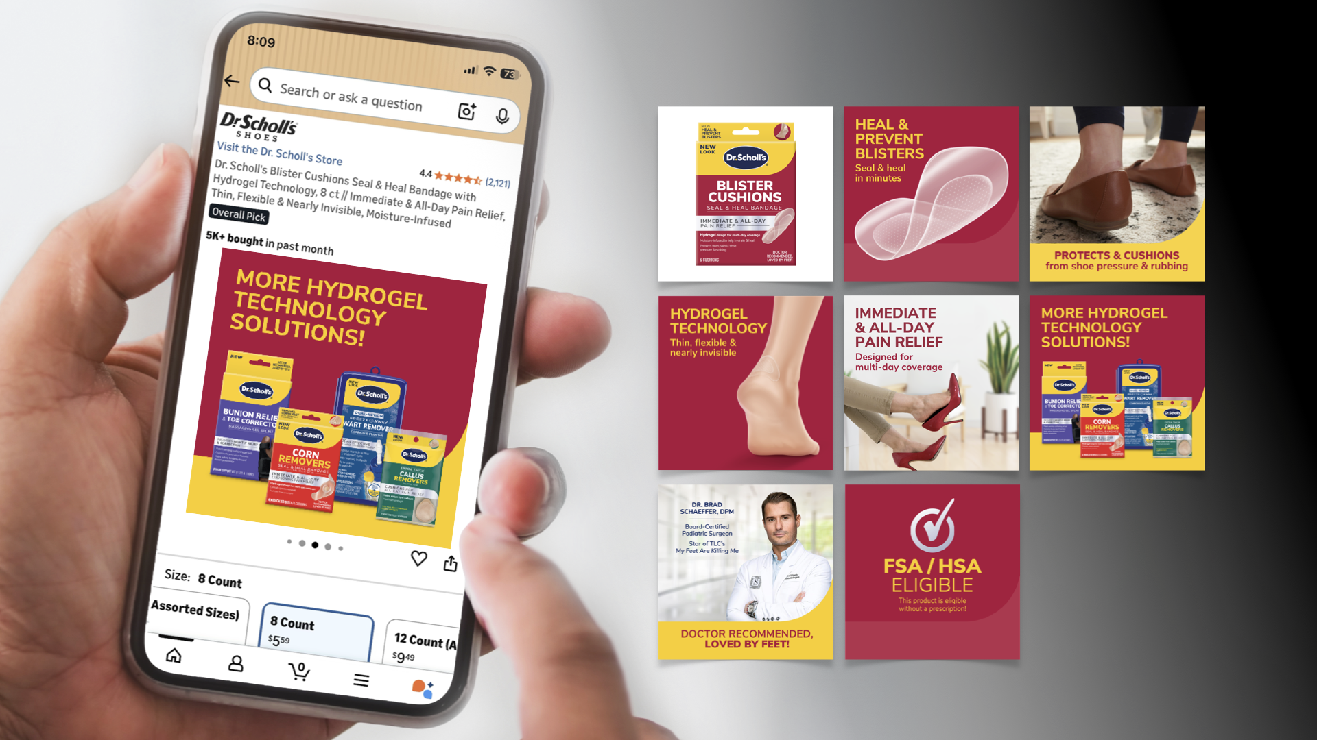 A person holding a smartphone displaying a search for Dr. Scholl's on an online shopping app, with ads for gel heel cushions and other foot care products. Behind the phone are printed ads for Dr. Scholl's blisters cushions, hydrogel technology solutions, and foot care products, including an image of legs and feet in shoes, a foot with hydrogel cushion, and a foot with a wound.