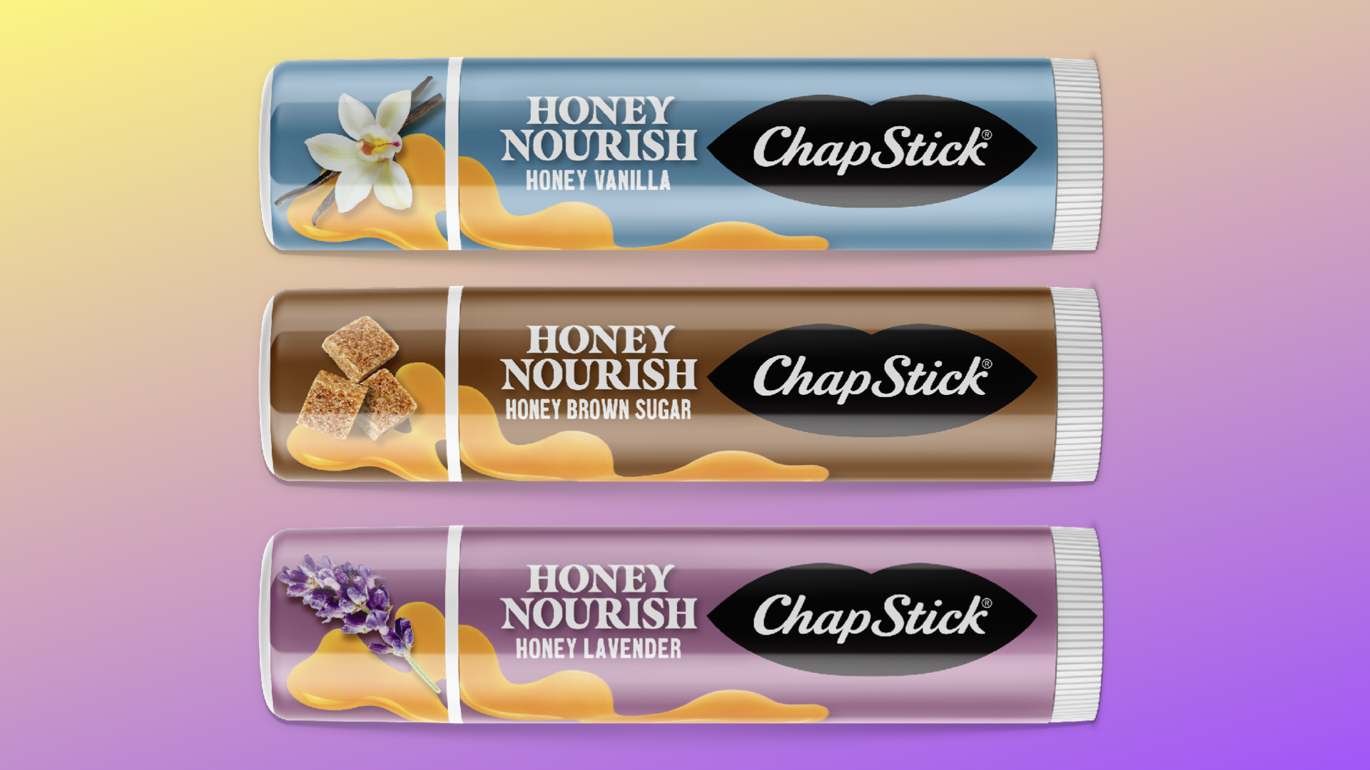Three ChapStick lip balm tubes with different flavors: Honey Nourish Honey Vanilla at the top having a vanilla flower, Honey Brown Sugar in the middle with brown sugar cubes, and Honey Lavender at the bottom with lavender flowers, set against a pastel gradient background.