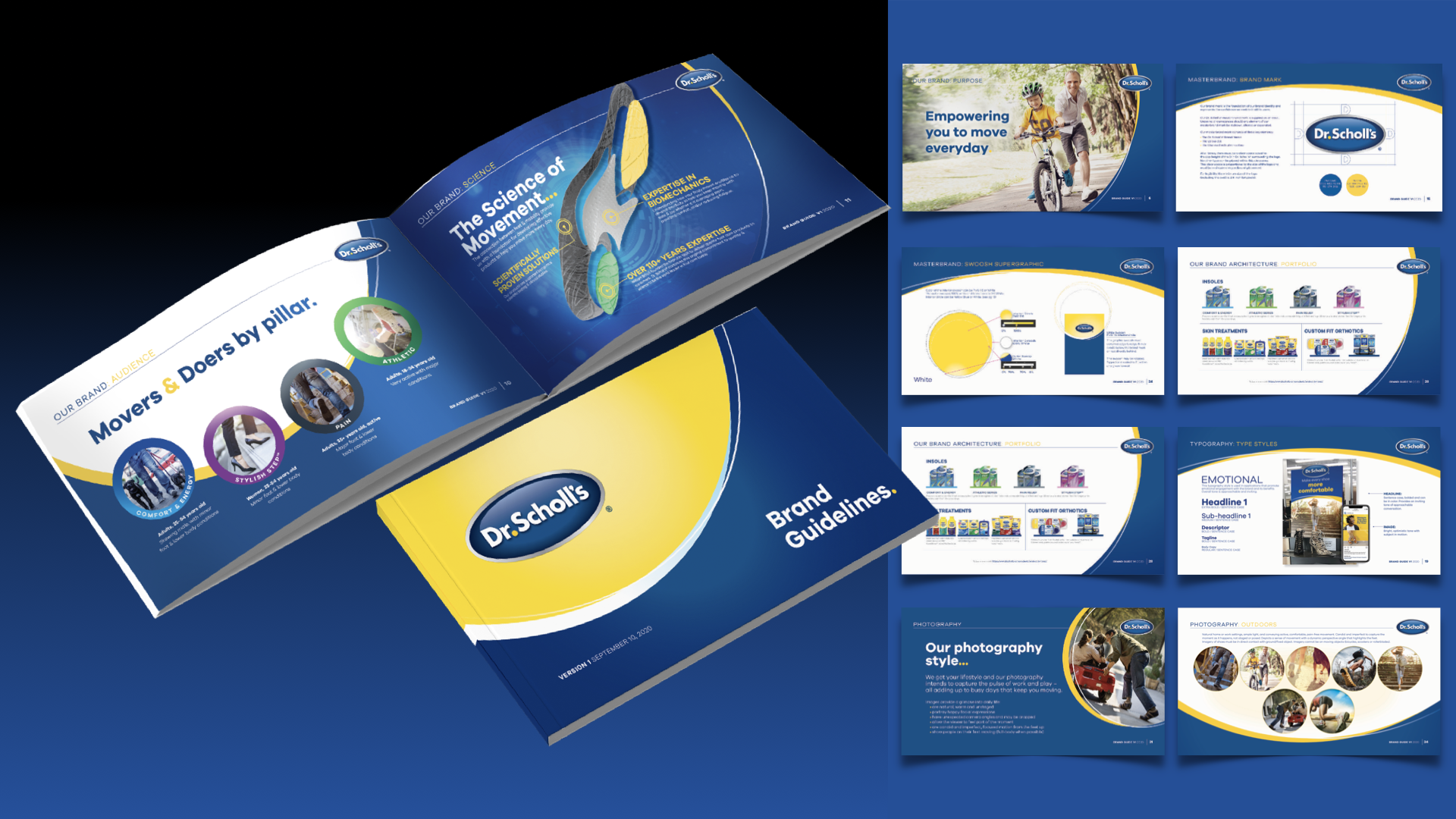 Collection of branding guideline booklets and presentation slides for Dr. Scholl's, featuring various topics such as brand architecture, photography style, typography, and brand purpose, with images of people walking, biking, and engaging in outdoor activities.