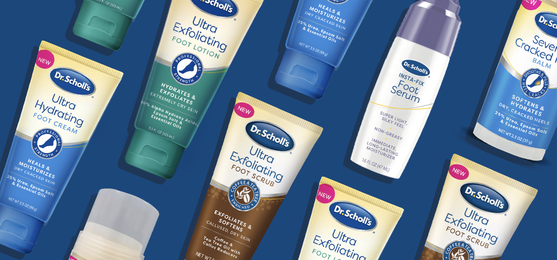 Array of Dr. Scholl's foot care products including foot cream, exfoliating foot lotion, foot scrub, foot serum, and cracked heel balm on a blue background.