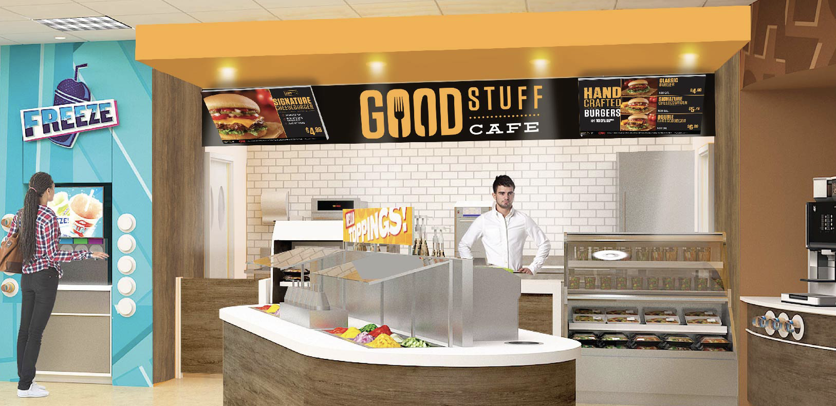 Interior of a cafe named Good Stuff Cafe with a man behind the counter, a woman ordering at a frozen yogurt machine, and menu boards displaying burgers and ice cream.