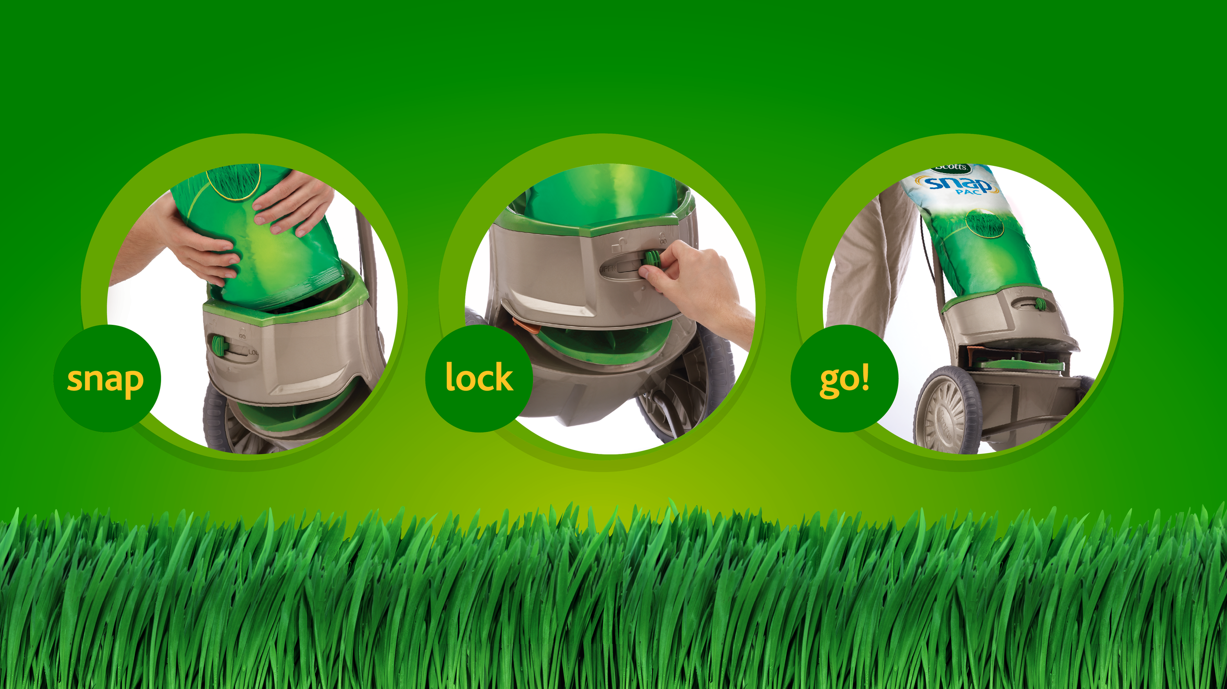 Step-by-step instructions for using a grass catcher attachment on a lawn mower: snap the grass bag into the mower, lock it in place, and then go