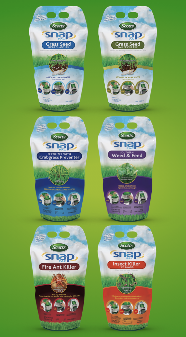 Six Scotts Snap Pac lawn care products on a green background, including grass seed, fertilizer, weed and feed, and insect killer.