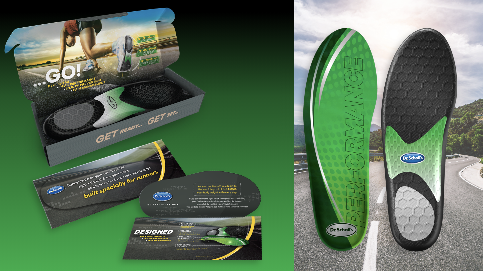 Footwear insoles packaging with various labels and graphics, a close-up of insoles on the right side showing the green and black design, and an outdoor winding road in the background.
