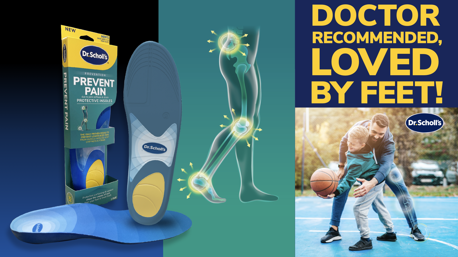 An advertisement for Dr. Scholl's preventive insoles featuring a pair of insoles and a diagram of a human leg highlighting joint support. The right side shows a father and son playing basketball outdoors, with a caption stating "Doctor recommended, loved by feet!" and the Dr. Scholl's logo.