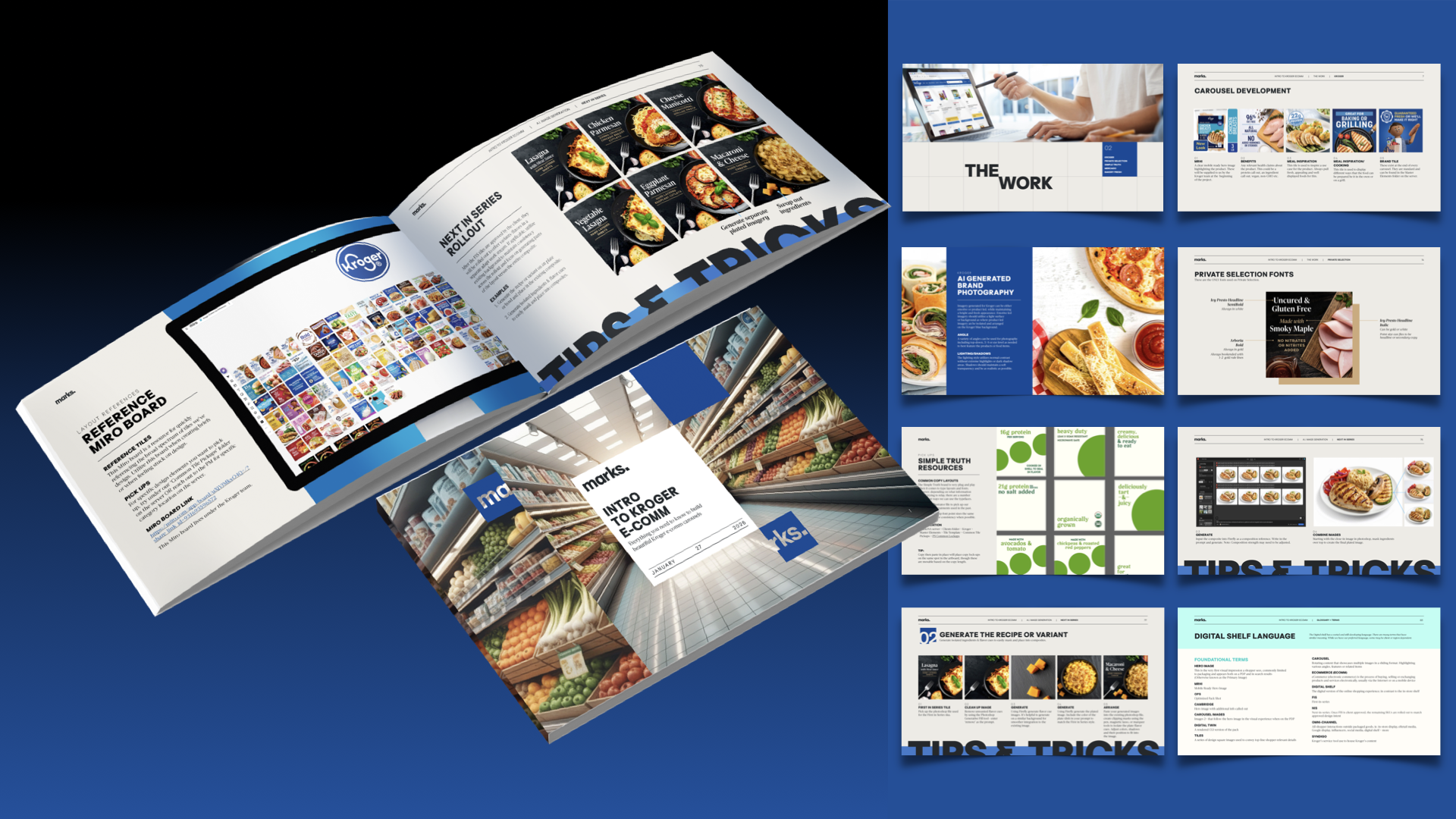 Collection of brochures and magazines related to grocery store branding, product development, and food photography, with images of fresh produce, prepared dishes, and design layouts.