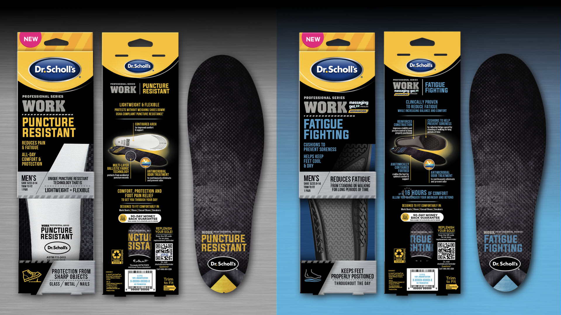 Packaging for Dr. Scholl's professional work shoes, featuring puncture-resistant and fatigue-fighting insoles, with close-up views of the insoles showing cushioning and durability.