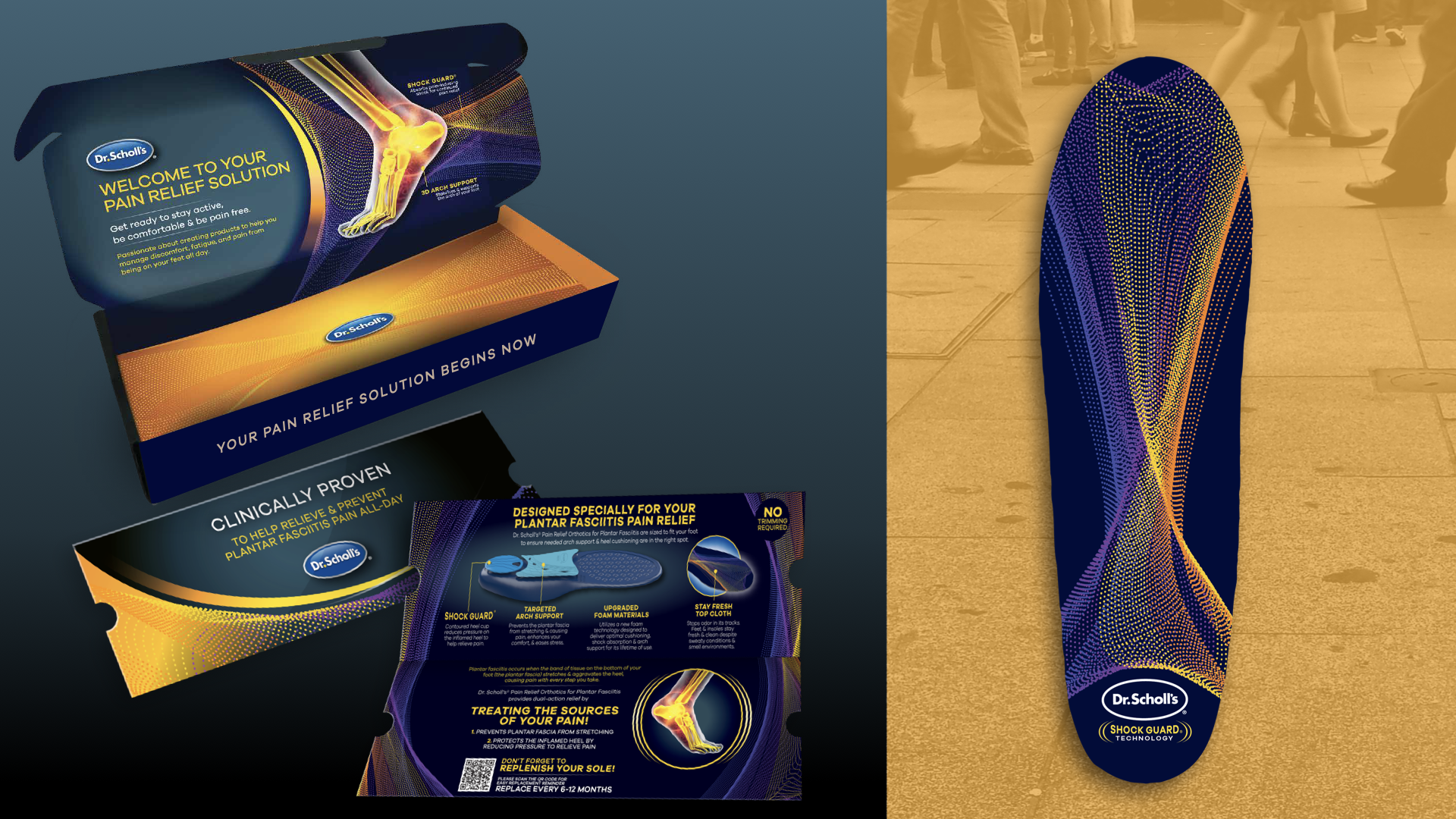 Picture of Dr. Scholl's plantar fasciitis pain relief products, including a box, main packaging, and individual packets with illustrations and text detailing their features, along with a foot insoles on a sidewalk with blurred people walking in the background.