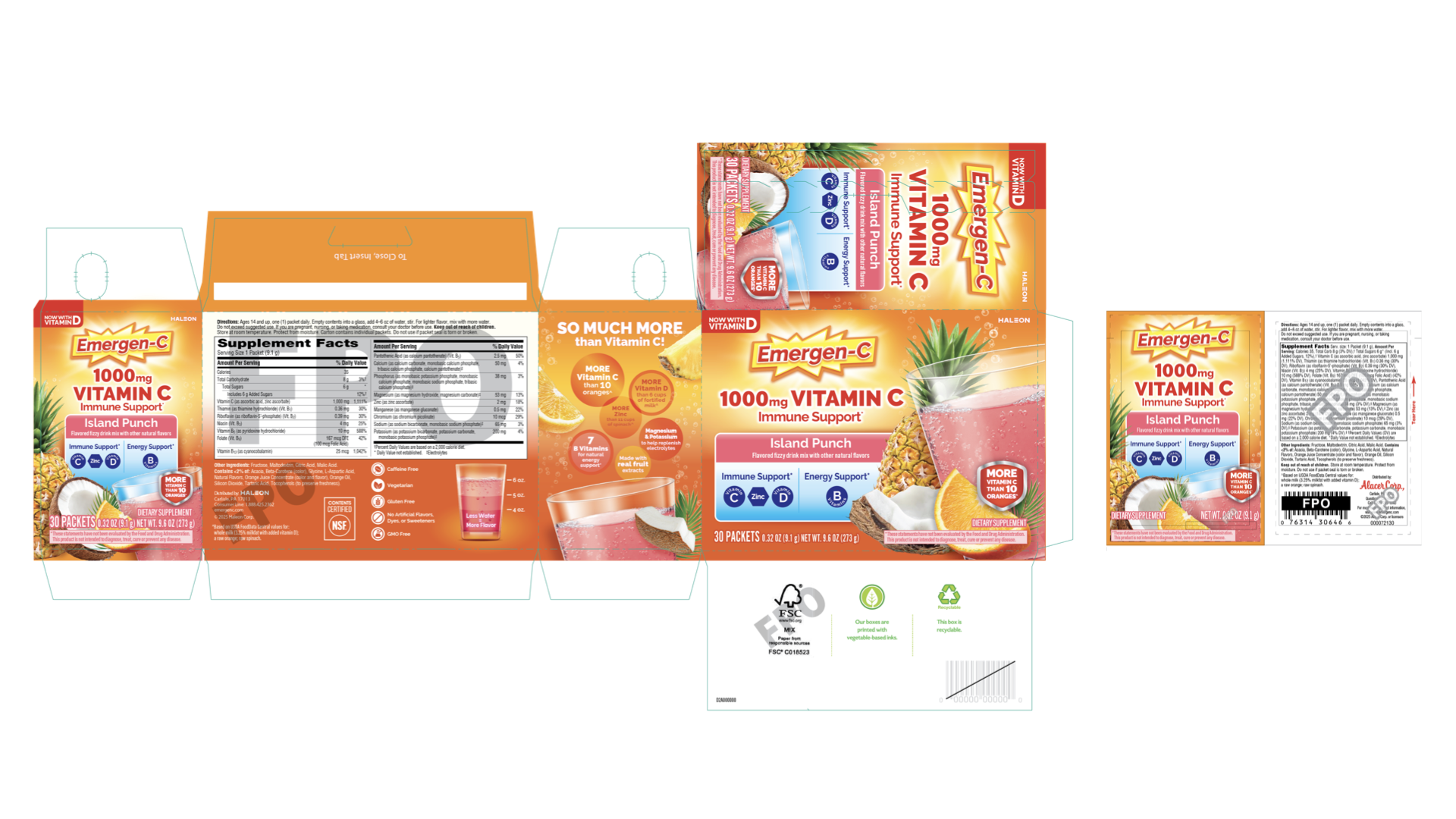 Package design for Emergen-C 1000mg Vitamin C supplement, flavored Island Punch. The box contains 30 packets of orange-flavored drink mix, with images of pineapple, coconut, lemon, and an ice cube in a pink beverage. The packaging highlights immune support, energy support, and contains zinc and vitamin D, with a description of ingredients and supplement facts.